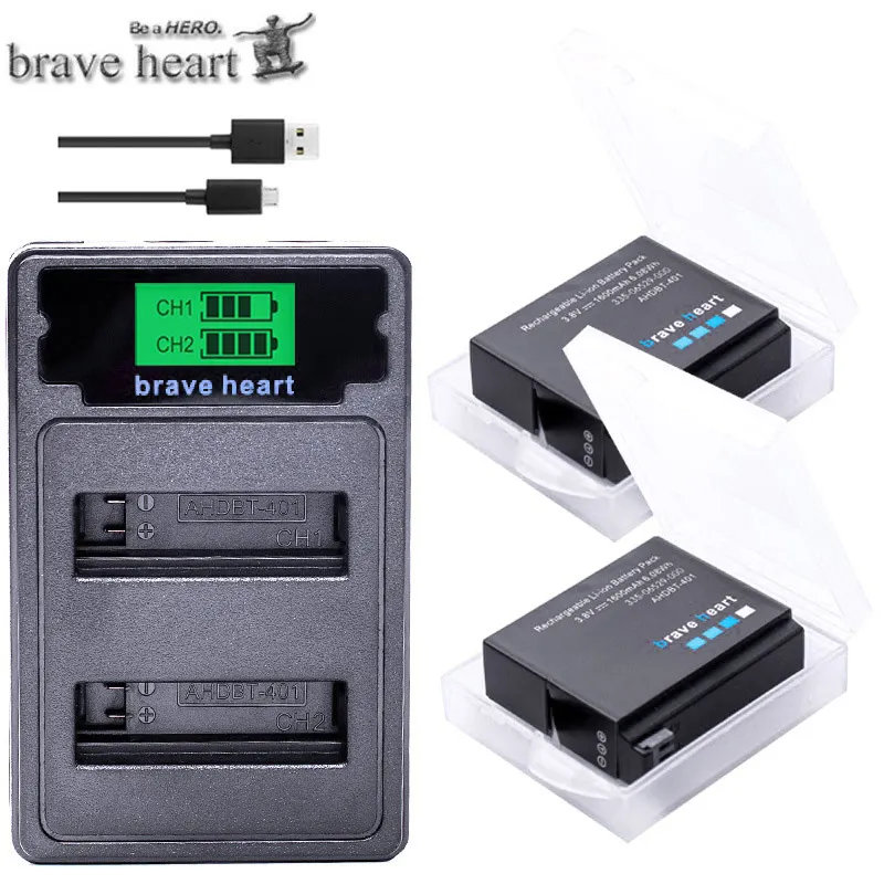 charger and 2battery Hero 4 hero 4 батарея+ lcd USB двойное зарядное устройство для Gopro hero 4 батареи Go Pro hero 4 bateria AHDBT 401 аксессуары для экшн-камеры - Цвет: charger and 2battery