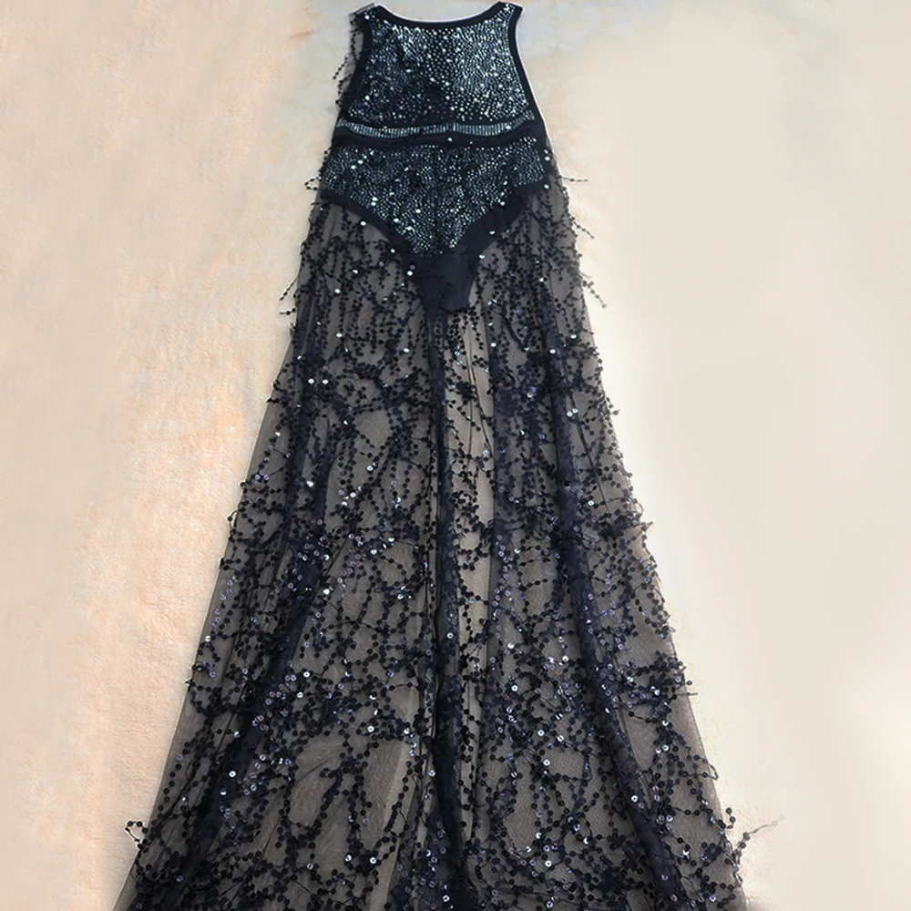 

2020 Sexy Sequins Rhinestone Mesh Dress Party Strapless Split Foam Beads Contain Feather Fashion Dress