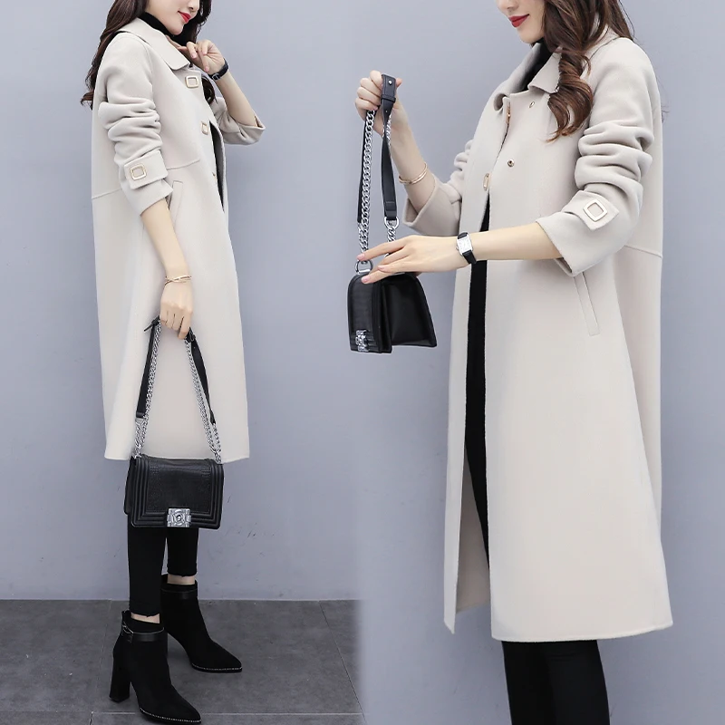 

Женское шерстяное пальто средней длины, Новинка весна-осень 2021, корейское свободное повседневное однобортное модное шерстяное пальто, Женс...