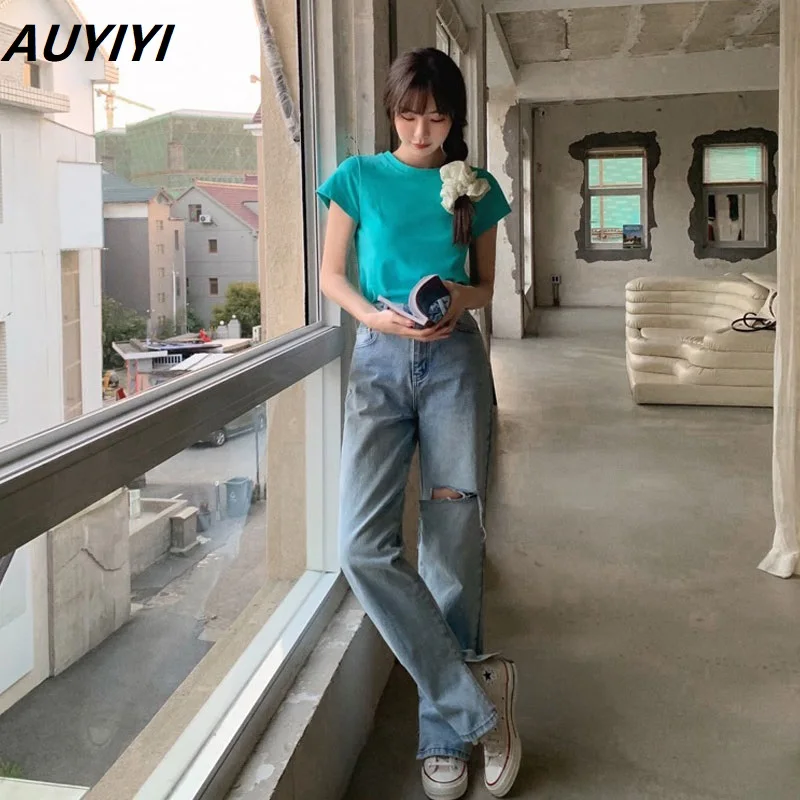 

AUYIYI High Waist Ripped Jeans Women's Summer Clothes New Loose And Thin Straight Wide Leg Trousers Split Ins Tide Harajuku