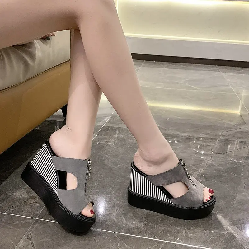 

VMTI 2021 Summer New Fashion Zipper Wedge Sandals and Slippers Super High Heel Fish Mouth Word Women's Slippers