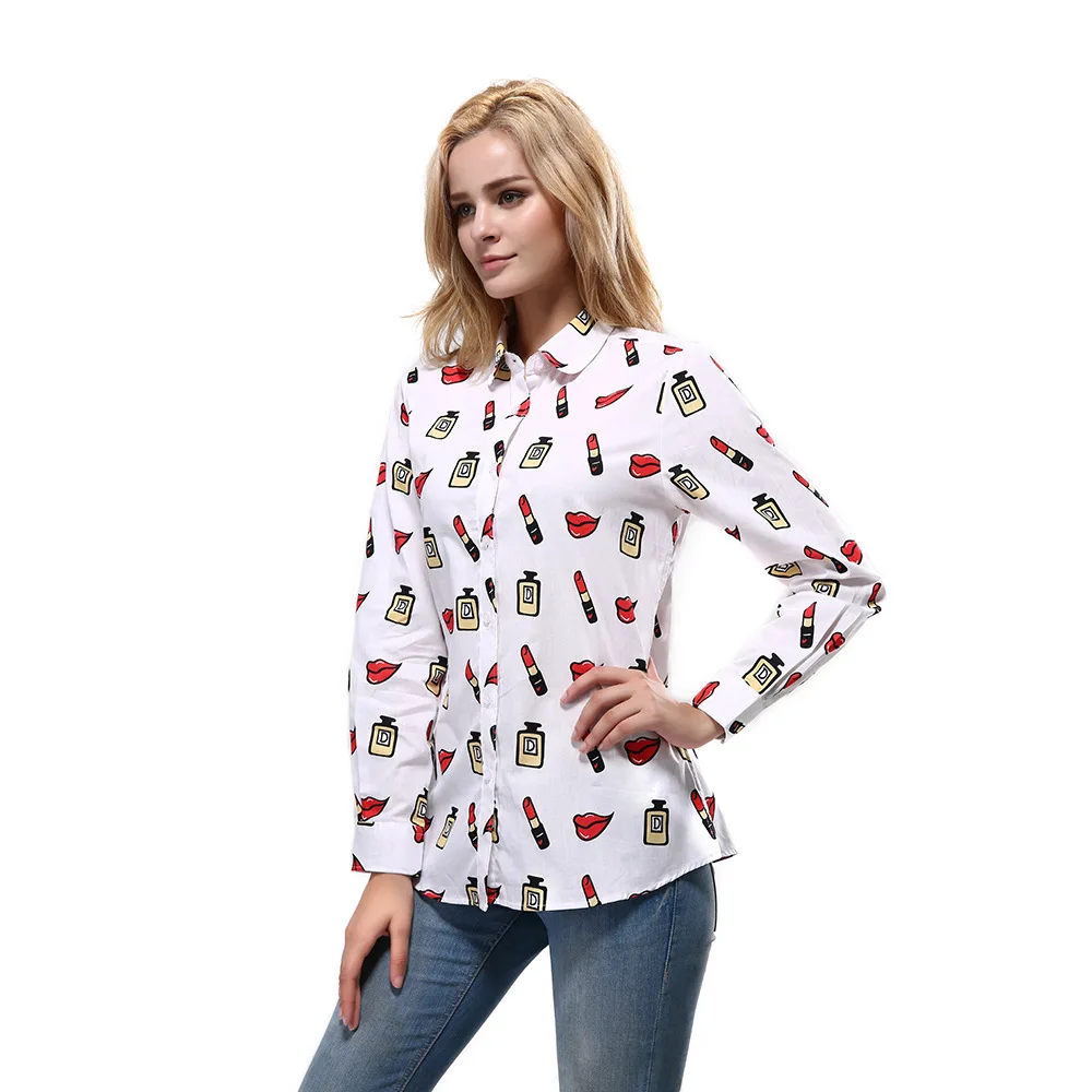 

Free Shipping Plus Size S-5XL Lipstick Print Womens Long Sleeve Shirts White Button Up Shirt Ladies Work Casual Tops Blouse