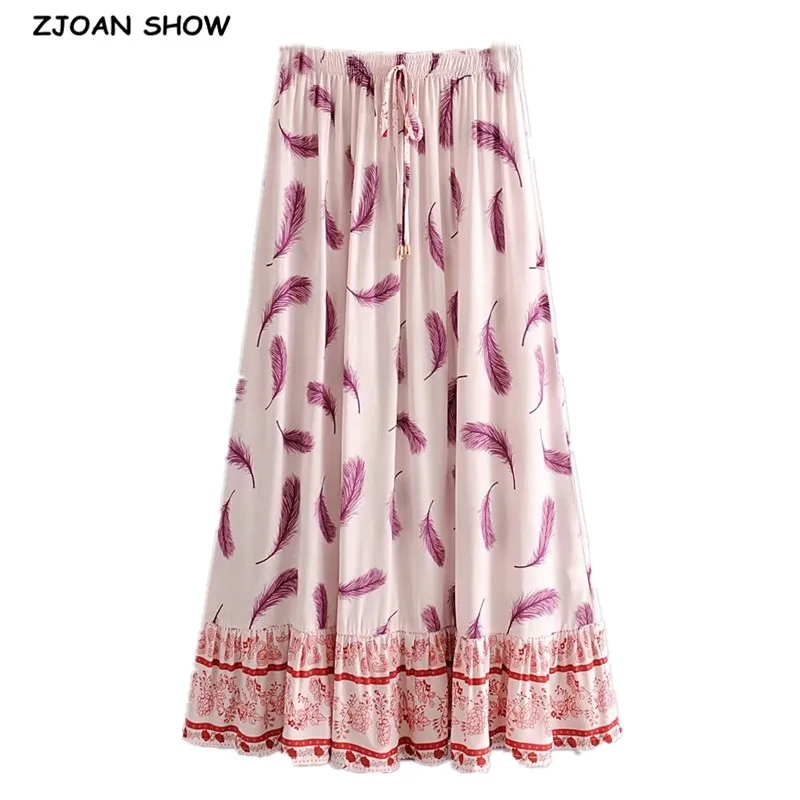 

Женская длинная юбка в стиле бохо, праздничная розовая юбка с принтом в виде перьев, эластичная юбка с высокой талией и плиссированным подол...