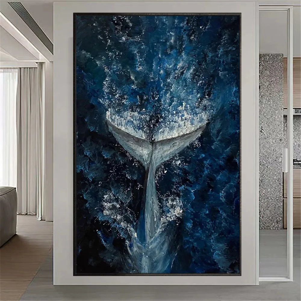 

Modern hotel office space painting hand-painted oil painting abstract sea shark whale tail dark blue canvas painting porch mural