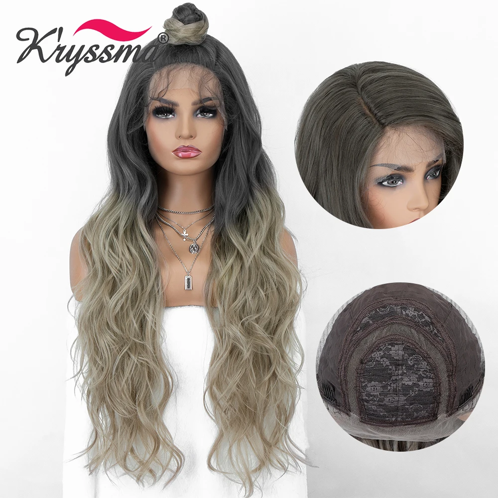 Kryssma Ombre Long Wave Lace Front Wig For Women Grey Ombre Blonde Synthetic Wigs For Cosplay Wigs With Dark Roots Fiber Lolita