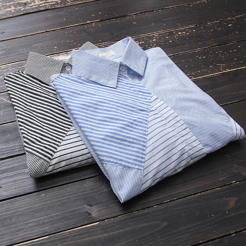 

Asymmetrical Cotton Women Shirts Turn-Down Loose Striped Patchwork Casual All Match Female Outwear Tops