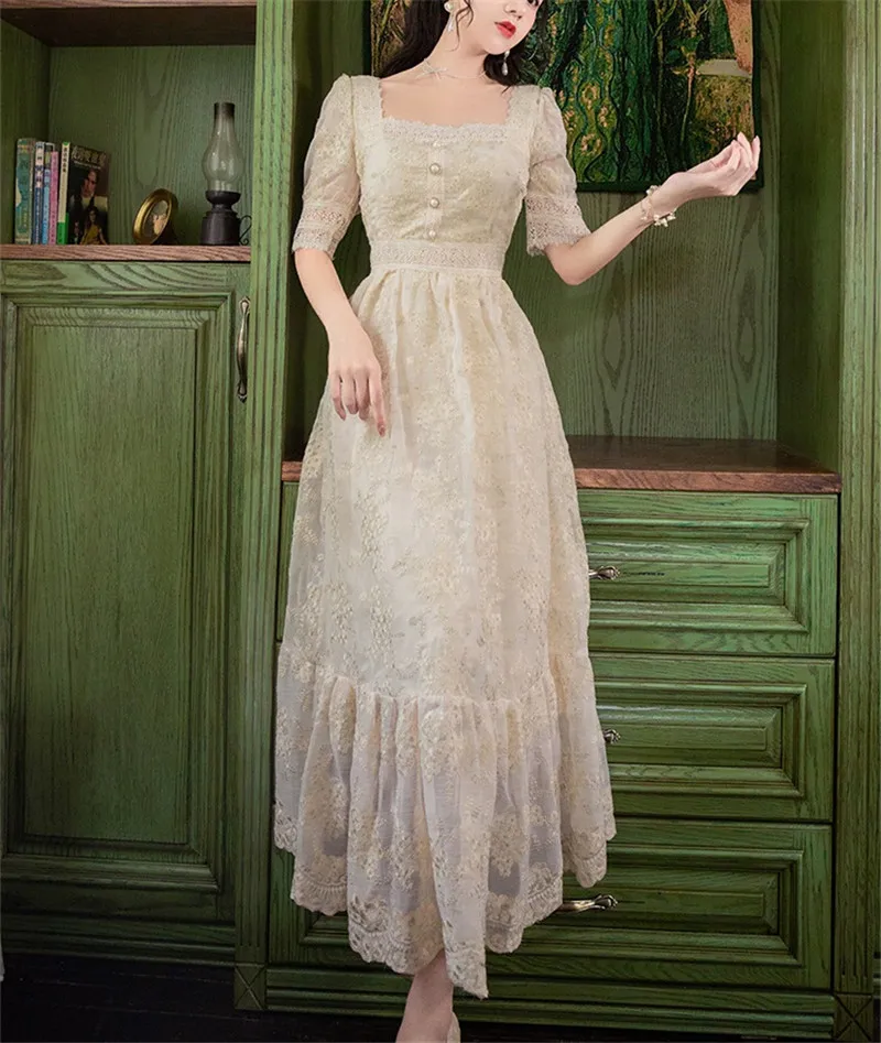 

CBAFU summer embroidery party dress women short sleeve button decor a-line party dresses casual ruffles boho vestidos midi M492