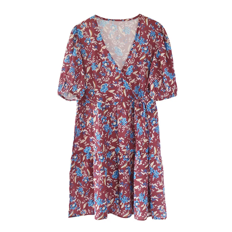 

Fashion sexy V-neck holiday printed puff sleeves slim dress for womens high waist chiffon female beach mini dress Vintage dress