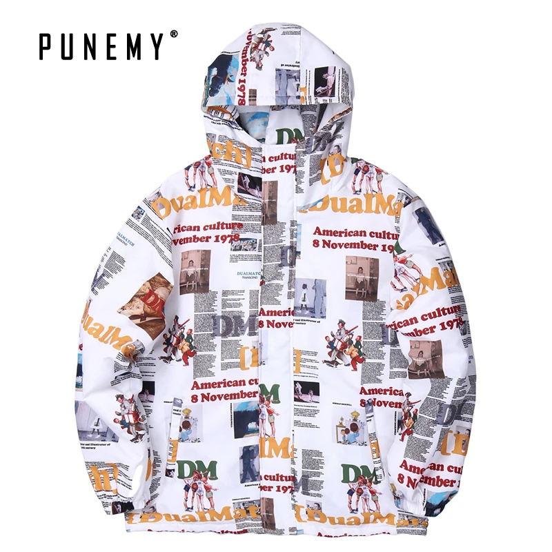 Мужские парки в стиле хип-хоп с капюшоном Ретро стиль мультяшным рисунком хлопок
