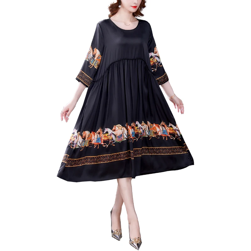

2021 New Black Floral Mulberry Silk Midi Dress Summer Casual Vintage Loose Solid Beach Dress Women Elegant Party Runway Vestidos