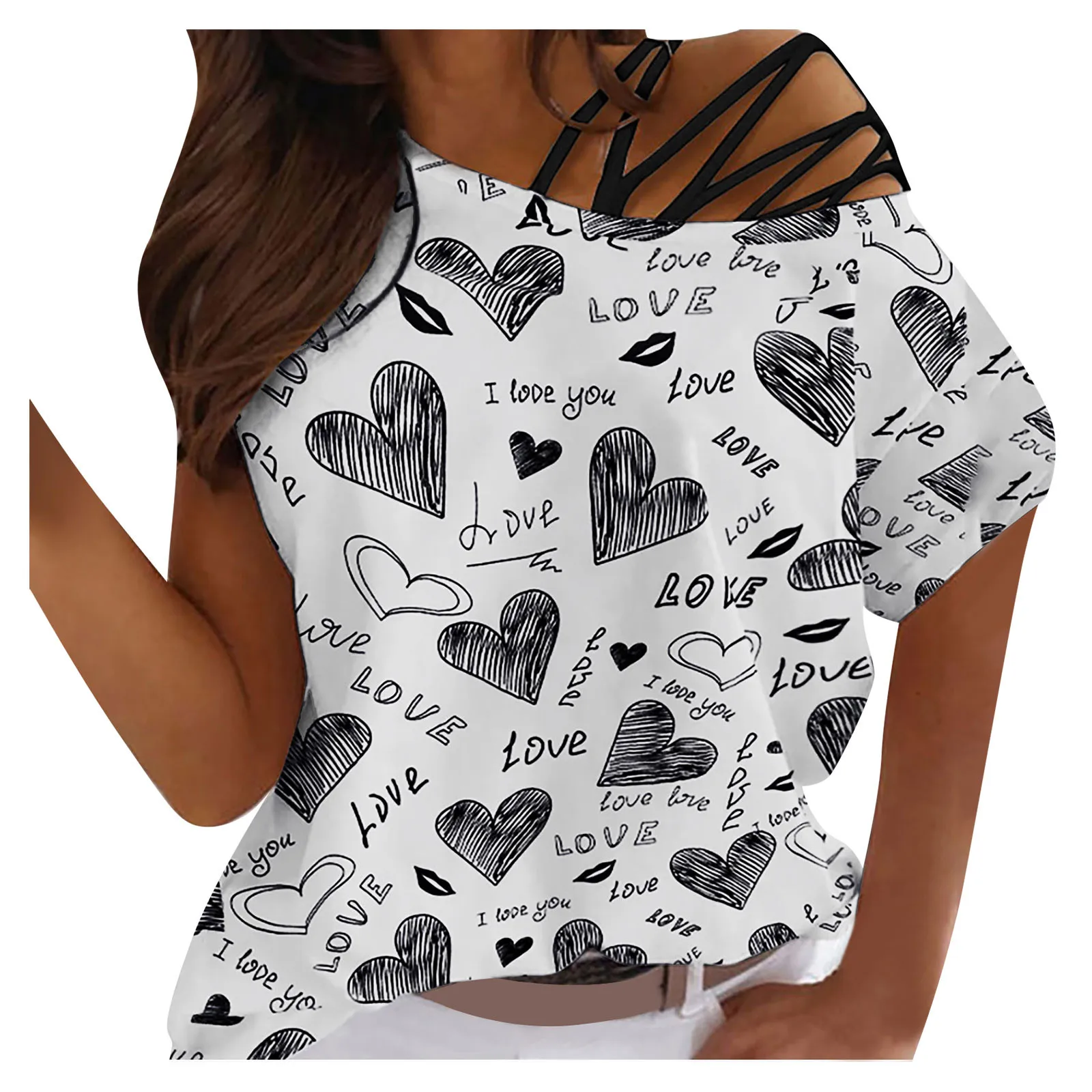 

Womens Fashion Heart Print Round Neck Dew Shoulder Casual Short Sleeves Tops Blusa De Frio Feminina Kimonos Mujer 2021 Verano