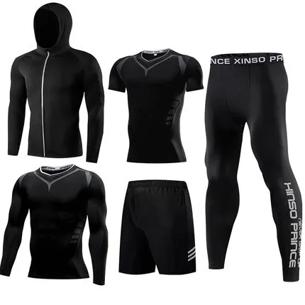 Fitness suit men's basketball tights training suit running gym fast dry spring and autumn five-piece set - Цвет: Красный