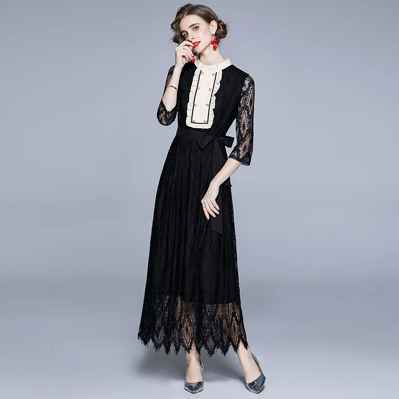 

LUKAXSIKAX 2021 New Arrival Women Luxury Party Long Dress High Quality Patchwork Ruffles Vintage Hepburn Black Lace Dress