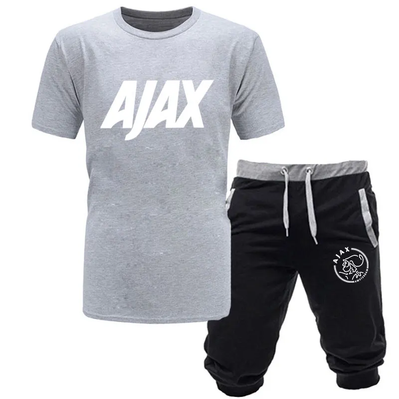Модные футболки ajax, забавные мужские футболки+ шорты, два предмета, футболки с коротким рукавом, роскошные летние хлопковые футболки - Цвет: light grey2