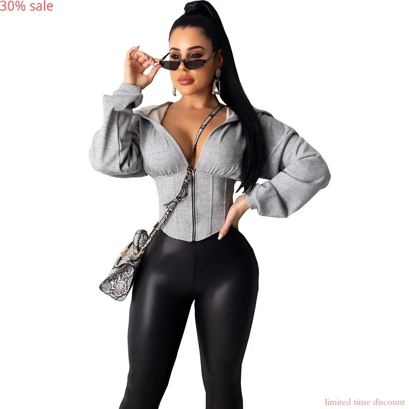 Черная укороченная куртка в уличном стиле сексуальная толстовка с капюшоном из