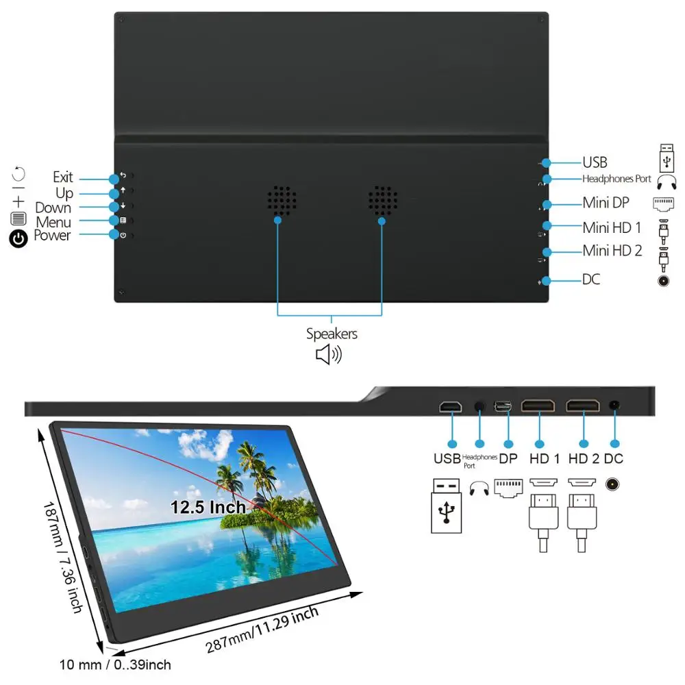 Портативный монитор EVICIV 4K 12 5 дюймов HD HDMI USB 3840 дисплей для ПК ноутбука телефона PS4