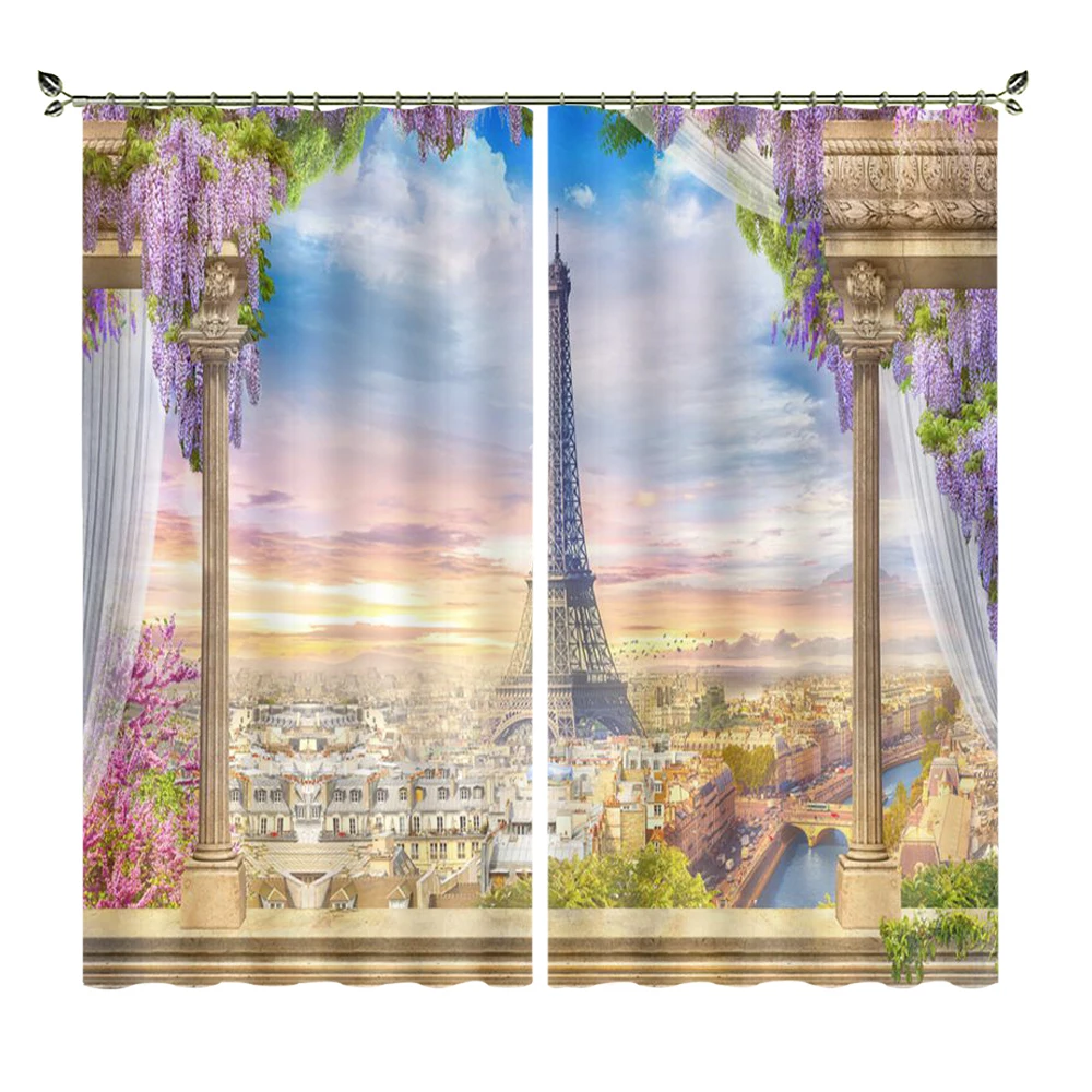 

Oil Painting Style Blue And Pink Iron Tower High-quality Heat-insulating Shading Material Curtains For Bedroom