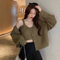 autumn winter new sweet japanese knitted two piece sets korean chic cardigan and tank top women outfits female suits