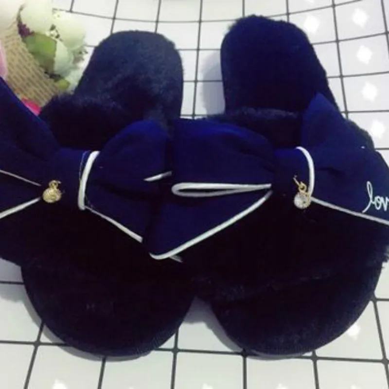 Dropshipping Famous Brand Fur Flip Flops Sweet Lace Bow Slides Designer Winter Women Sandals Warm Cozy Home Slippers Flower | Обувь