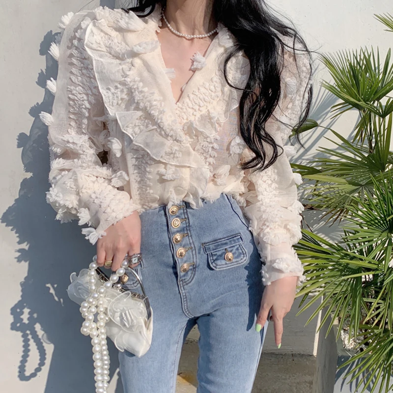 

Дизайнерская нишевая рубашка, новинка 2022, Женский однотонный пиджак с длинным рукавом, цветочным воротником и V-образным вырезом для ранней ...