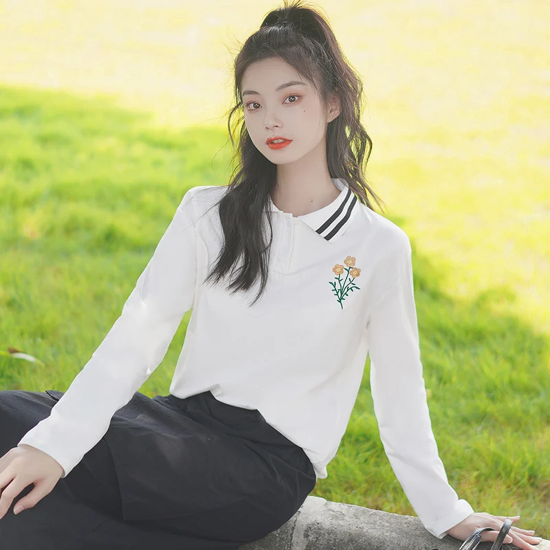 

Рубашка-поло цвета хаки, Осень-зима 2020, новинка, свободная рубашка-поло с длинными рукавами, Женская Студенческая Универсальная футболка с в...