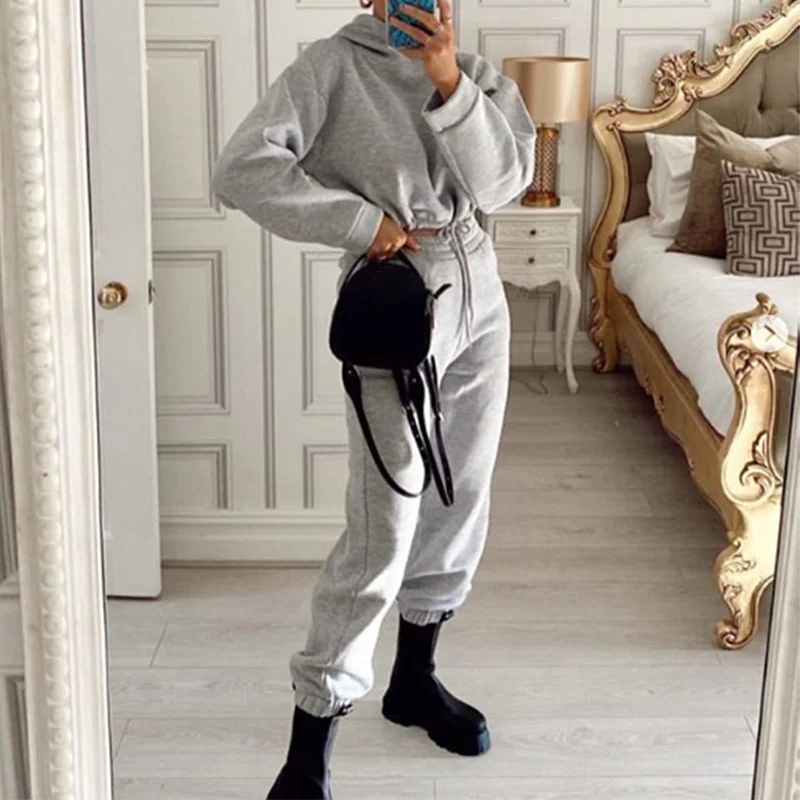 

2 Pieces Sets Fleece Women Tracksuit Suits Hooded Drawstring Female Short Sweatshirts Set 2021 Spring Sport Ladies Pants Suit