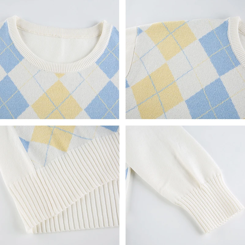 

Geometric Knit White Sweater Women 2021 Autumn Vinage Plaid Jumper Winter Pullover