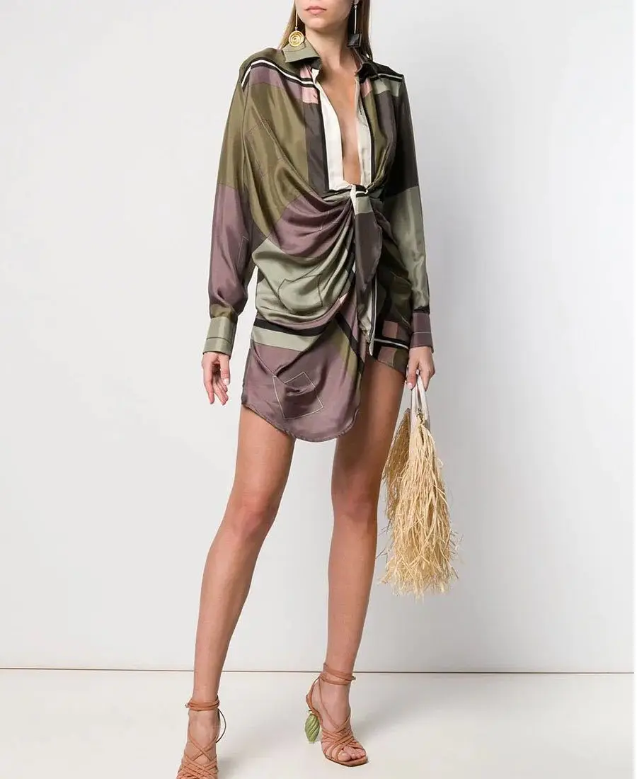 Printed Shirt Female Early Autumn New Geometric Color Block Personality Twisted Deep V Neck Shirt Dress
