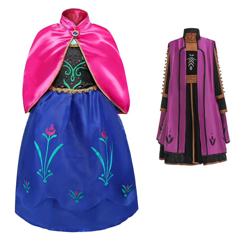 Girls Anna Elsa Princess Dress Kids Costume with Gloves Wig Crown Children Snow Queen Clothes Halloween Birthday Party Dress