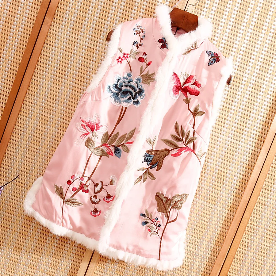 Розовый High-end New Autumn Women Cotton Vest Top Stitching Rabbit Hair Chinese Style Retro Embroidery Elegant Lady Sleeveless Vest - Цвет: Розовый
