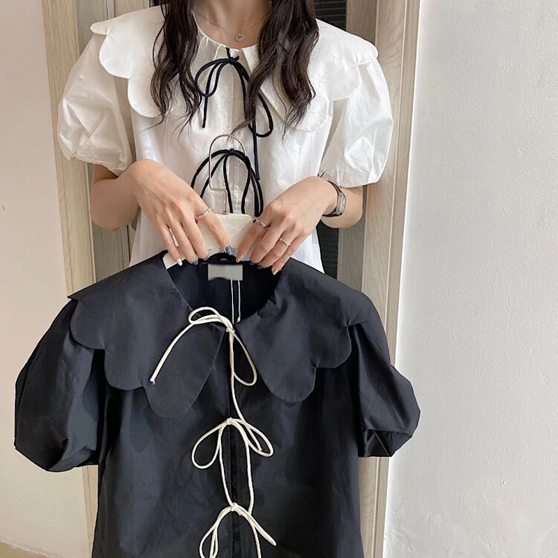 

Cute Wave Lapel Summer Blouse Women Short Sleeve Korean Fashion Chic Cotton Women's Shirt Tunic Lace-up Puff Sleeve Blouses Top