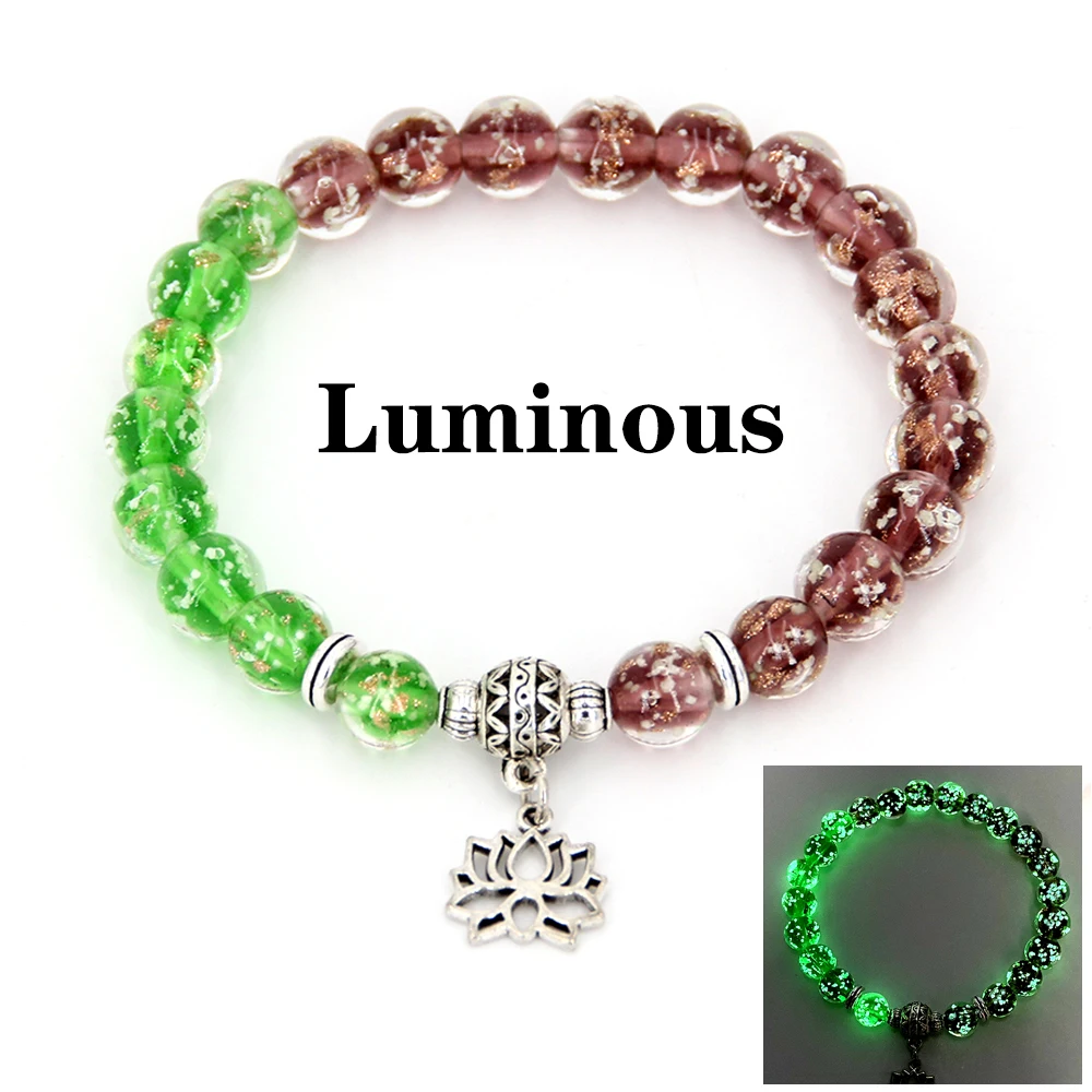 

Women's luminous Bracelet Glow in the dark golden sands glass beads Crystal ball Elastic Bracelet,Lotus Pendant Yoga woman 2020