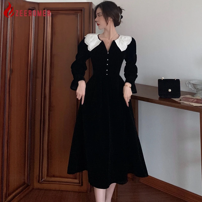 

2021 французское элегантное кружевное бархатное Черное длинное платье в стиле ретро с кукольным воротником в стиле Хепберн женское осеннее в...