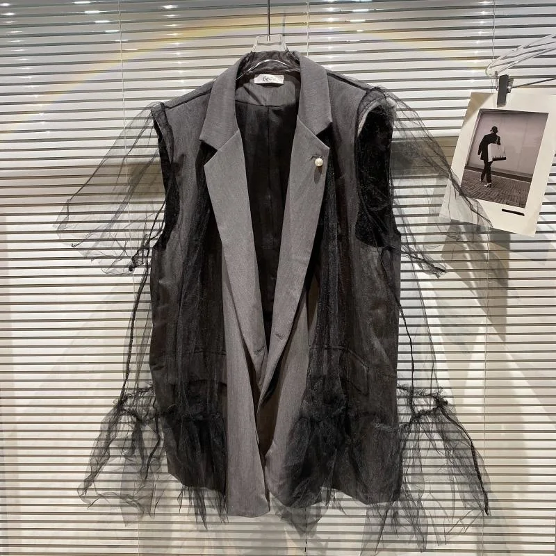 

Mesh Lining Design Pearl Blazer Vest Women 2021 Autumn New Fashion Gray Outwear Top