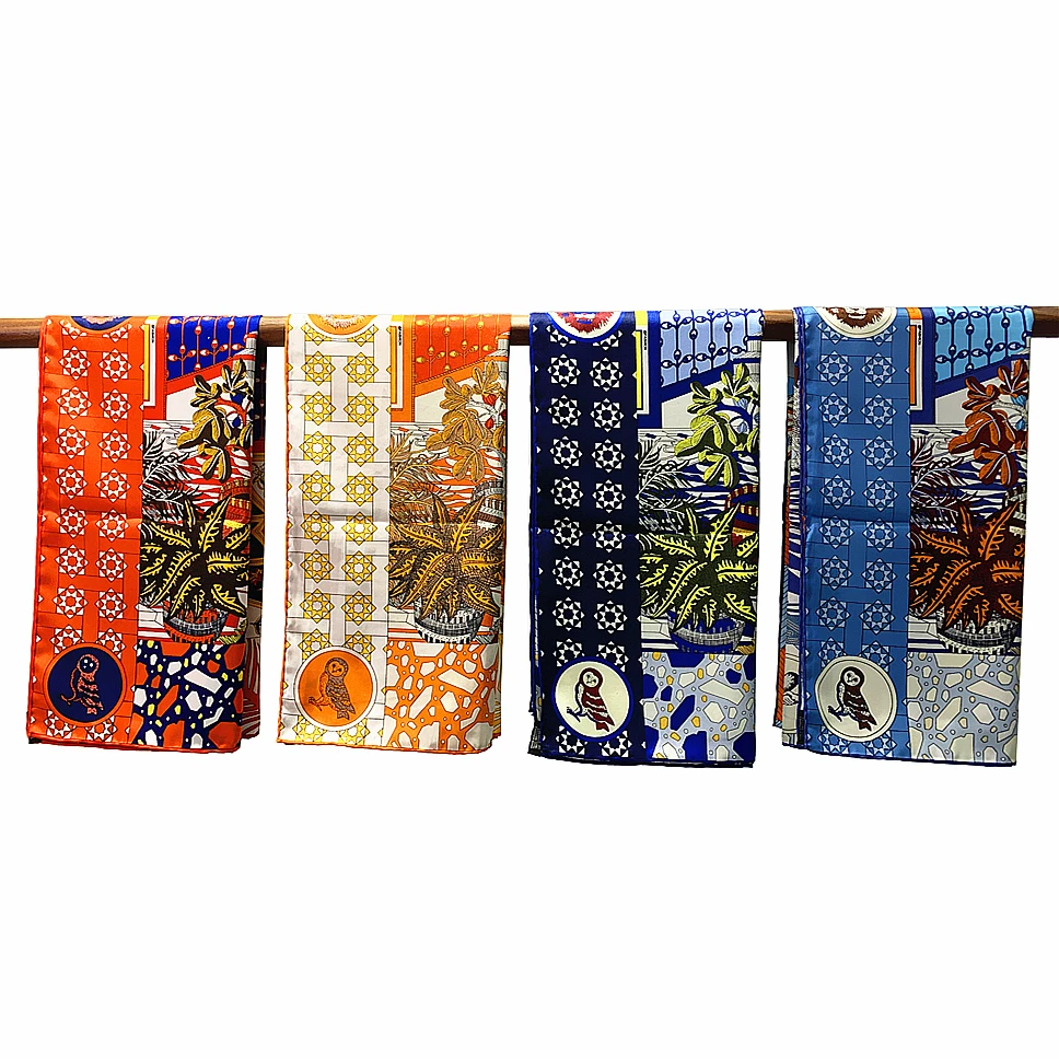 

90cm Luxury Warrior 100% Twill Silk Square Scarf Women Hand Rolled Hem Hijab Scarf Foulard Shawl Brand Design Head Scarves Lady