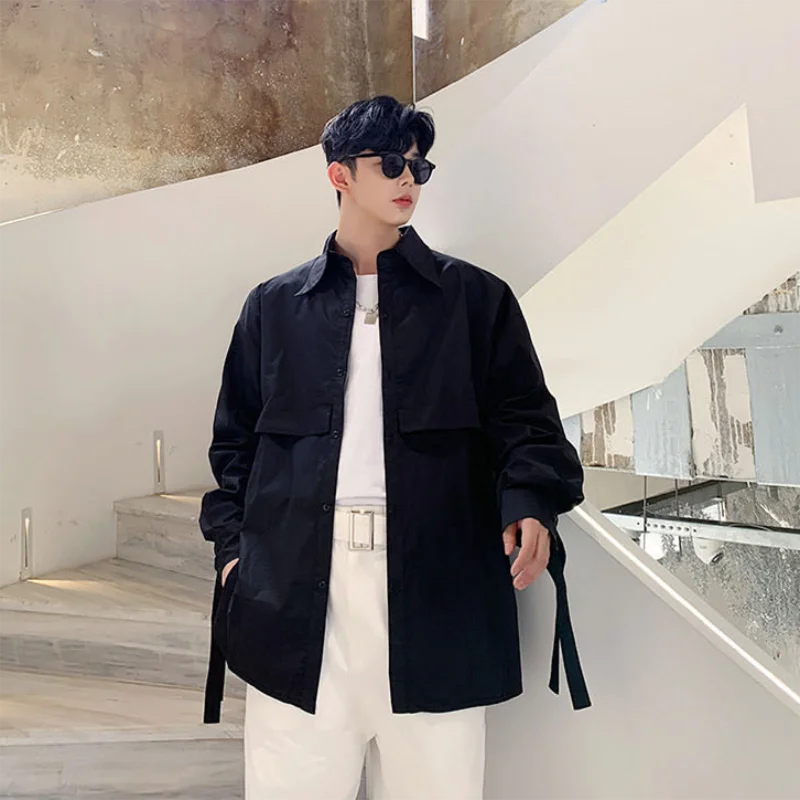 Men's Long Sleeve Shirt Spring And Autumn New Style Personality Ribbon Decoration Street Japanese Casual Loose Large Size Shirt