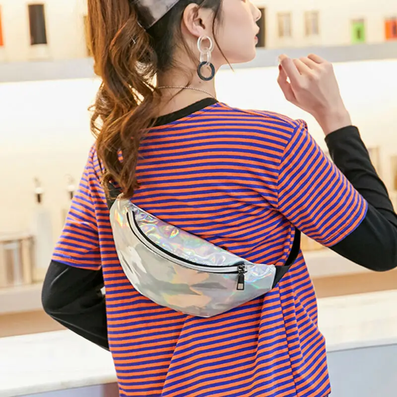 Женская поясная сумка радужная голографическая блестящая на бедро дорожные