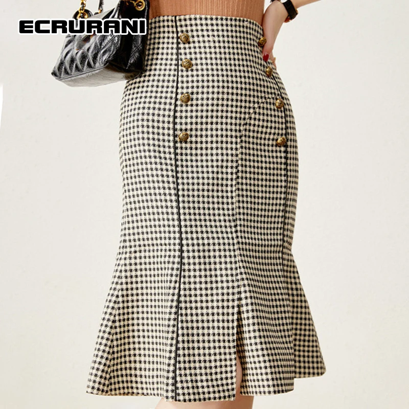 

Элегантная женская юбка ECRURANI средней длины с Боковым Разрезом, клетчатая юбка с высокой талией, облегающая юбка с цветными блоками для женщ...