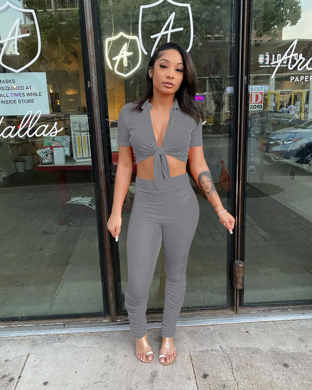 

Summer Two Piece Set Women Sexy Soild V-neck Crop Tops Stacked Trousers Knitted Suit Two Piece Set Women