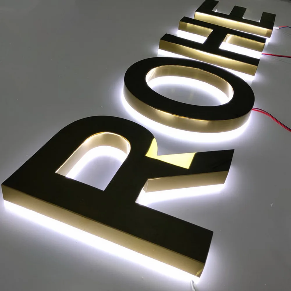 3D Mirror golden halo lit letters SUS with acrylic in back for storefront signs light up signs