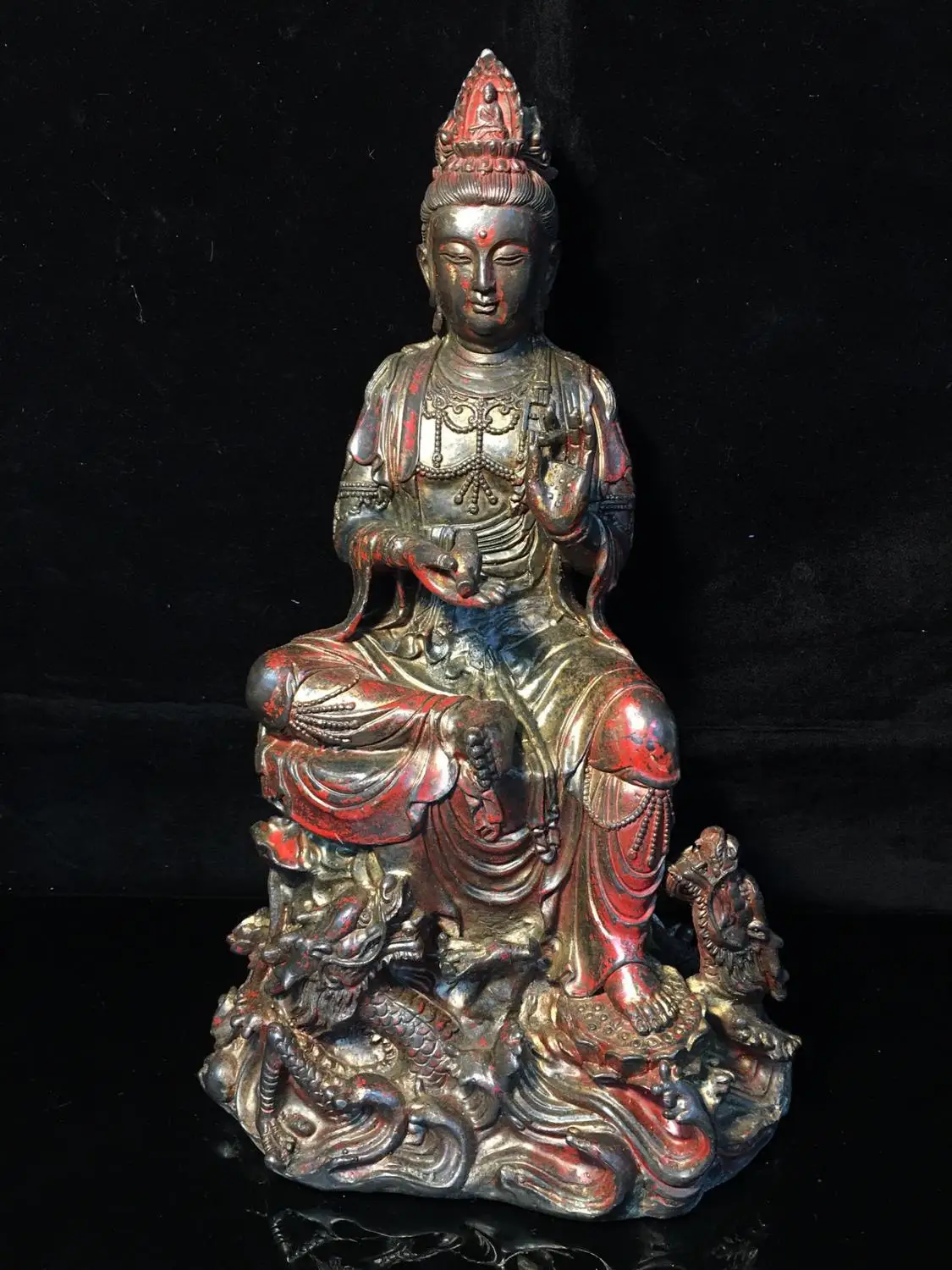 

14" Tibet Buddhism Temple Old bronze Dripping Dragon Guanyin Bodhisattva Statue Avalokitesvara Buddha Statue Guanyin Statue