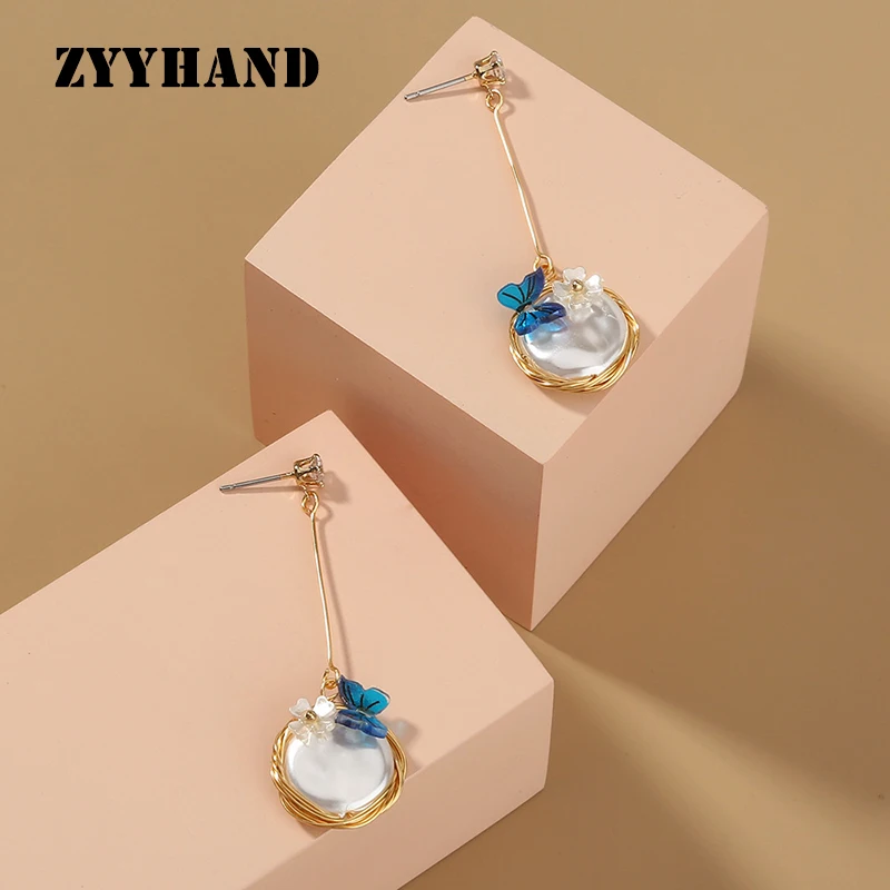 Женские серьги-подвески ZYYHAND, жемчужные серьги золотистого цвета в стиле барокко с цветком бабочки, роскошные свадебные серьги