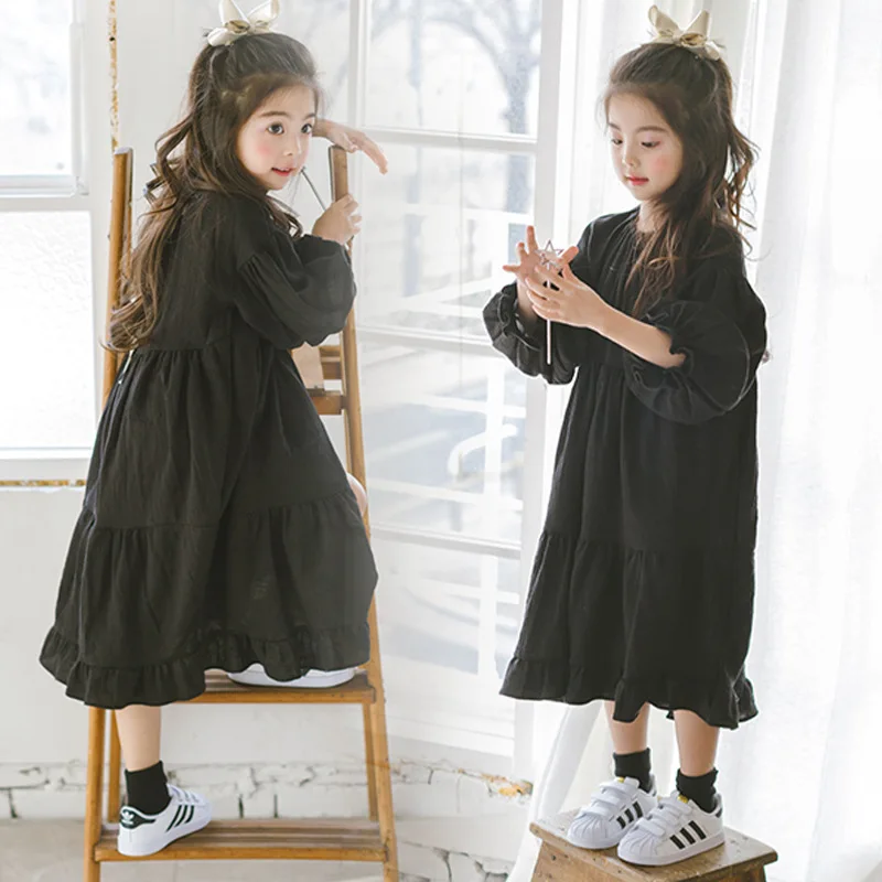 

linen cotton blend solid ruffles long sleeve dress spring fall solid black teen kids dresses children's clothing