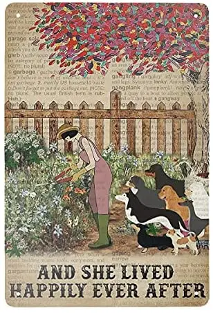 

And She Lived Happily Ever After Gardening Dogs Vintage Poster Metal Tin Signs Iron Painting Plaque Wall Decor Bar Cat Club