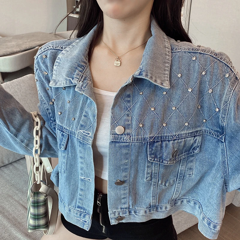 

Fashion denim jacket women's short section 2021 autumn new Korean style nail drill lapel loose outer jacket jacket