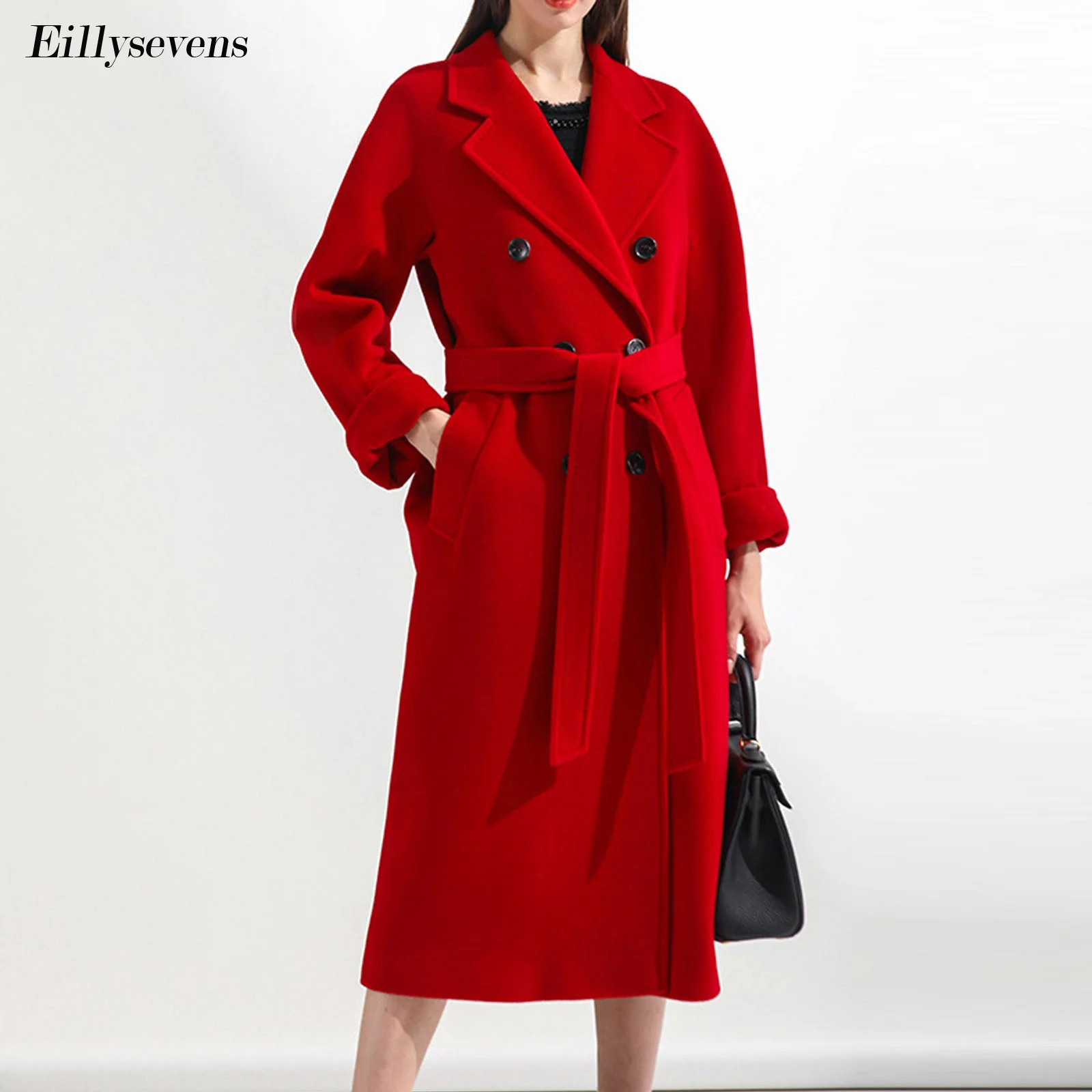 

Шерстяное зимнее твидовое пальто для женщин с длинным рукавом, элегантное однотонное двубортное Женское пальто, осеннее пальто с отворотом...