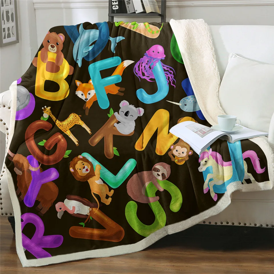 

Fashion Alphabet Sherpa Fleece Blanket Letters Russian Throw Blanket for Teens Kids Bedding Cartoon Animal Fashion Blanket