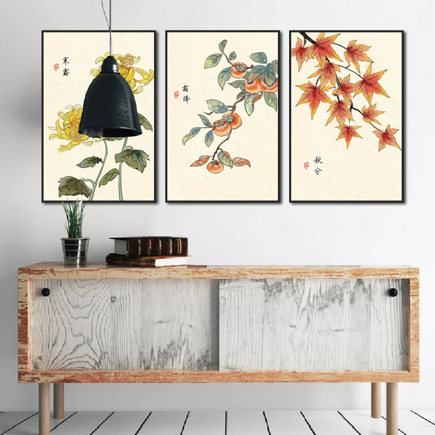 

Traditional Chinese Style Canvas Paintings Plants Wall Art Chrysanthemum Persimmon Red Maple Leaf Home Decor for Bedroom