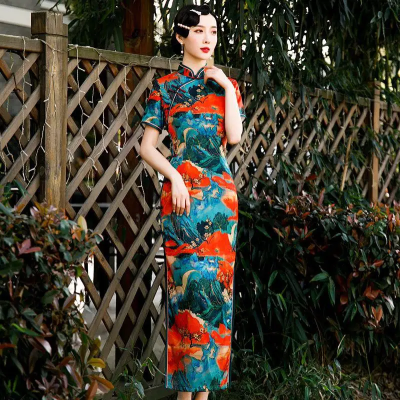 

Long Tight Women Cheongsams Print Flower Sexy Satin Qipao Mandarin Collar Big Size 3XL 4XL Chinese Dresses Evening Vestidos