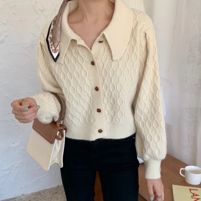 

PEONFLY New Korean Style Sweater Women 2020 Autumn Winter Single Breasted Knitted Cardigan Casual Turn Down Collar Coat Knitwear